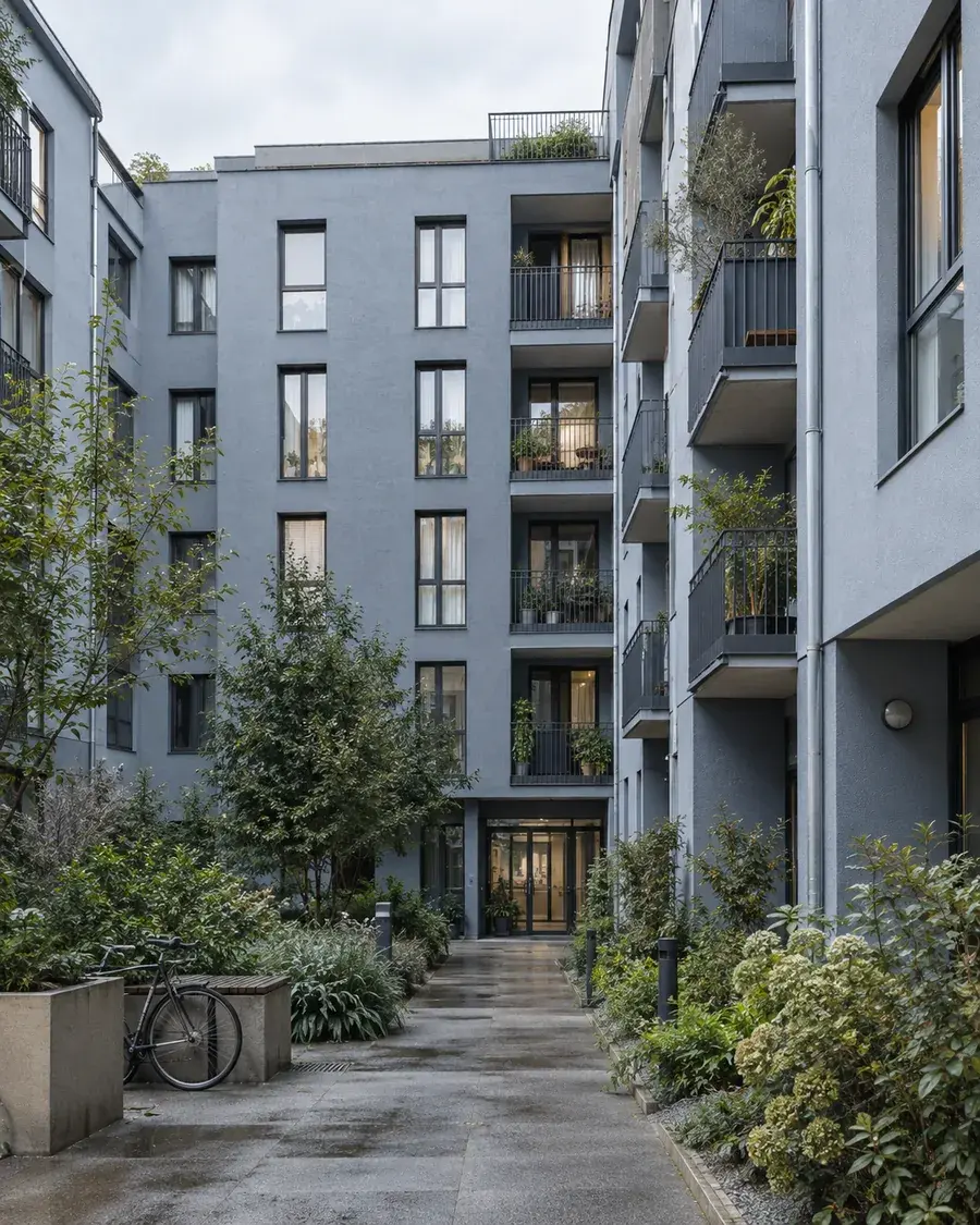 Cour d’un immeuble urbain avec plusieurs logements, scénario illustratif