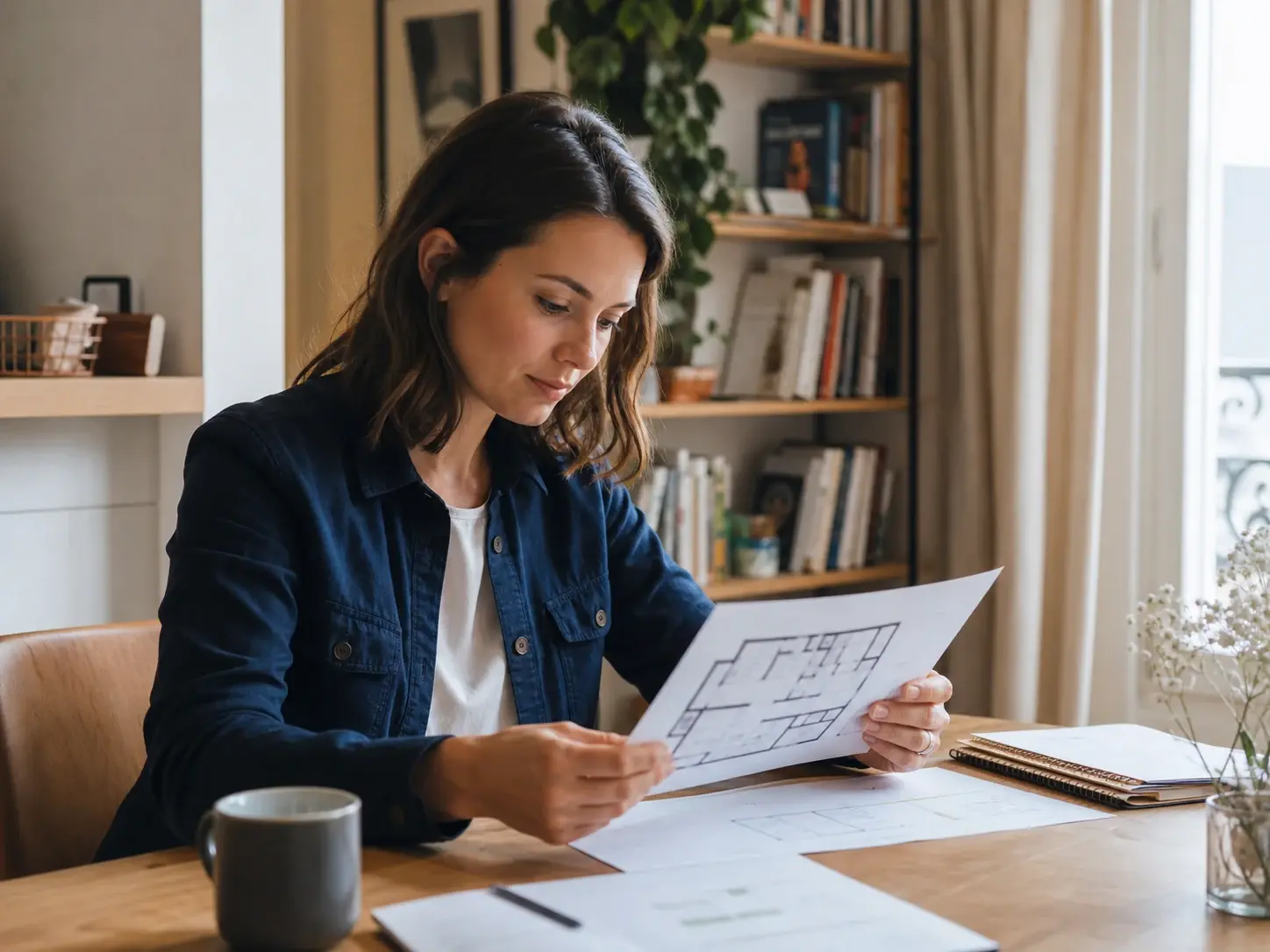 Une femme étudie le plan d’un appartement à sa table