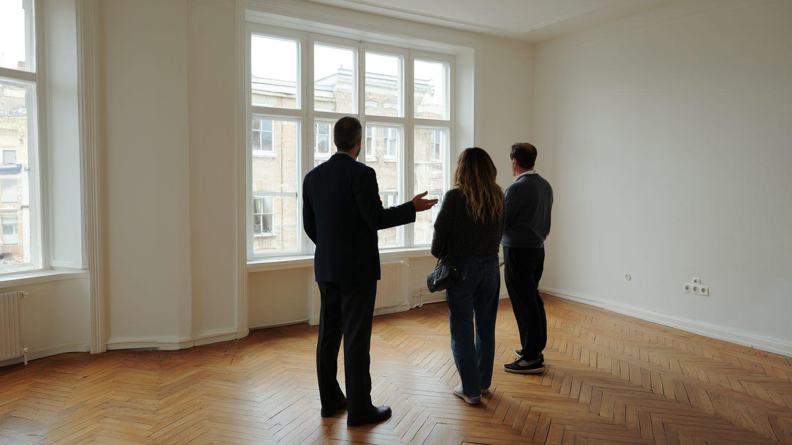 Agent immobilier accompagnant un couple lors de la visite d’un logement